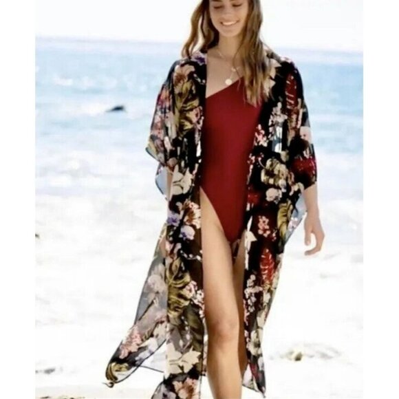 Walter Baker Tulum Caftan Kaftan Duster Black Floral Tropical One Size OS NWT - Picture 1 of 12